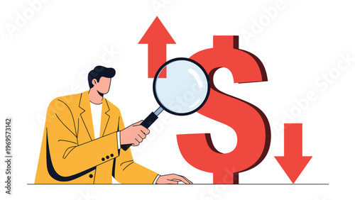 Focused analyst using large magnifying glass to examine currency fluctuations and market trends represented by a giant red dollar symbol in modern office.