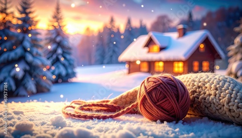 Knitted yarn ball on snow winter craft art scene cozy knitted sphere finds serene beauty in winter landscape