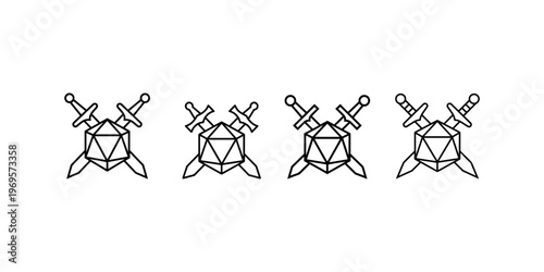 Role playing game flat vector illustration. d20 dice and crossed sword line art graphic. fantasy tabletop rpg icon. outline t-shirt design concept