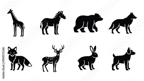 A collection of eight animal figures in a flat black style depicting wildlife in a simple silhouette high quality professional detailed