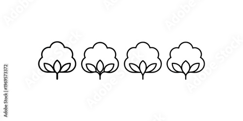 Four black outline icons of a cotton plant, showing fluffy cotton bolls on a stem with leaves