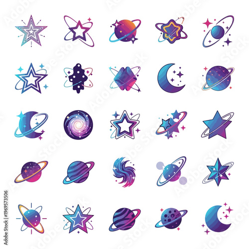 Colorful stars and planets icons set.