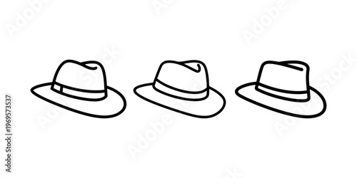 Three classic fedora hat icons in different line weights showing stylish headwear accessories for men fashion and retro clothing boutique brand identities