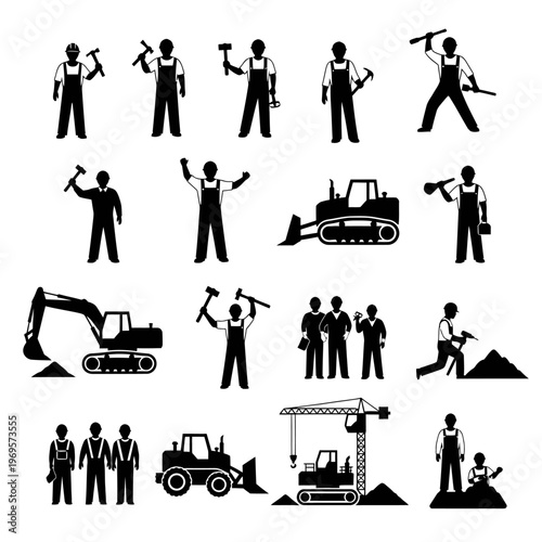 Construction workers with heavy machinery.