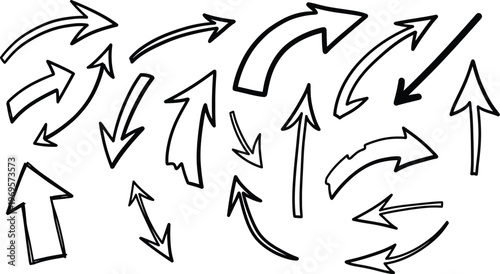 Collection of hand drawn black and white arrows pointing in various directions