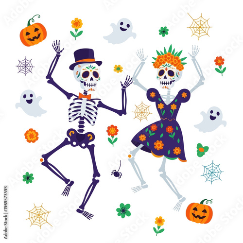 Dancing skeleton couple in costumes.