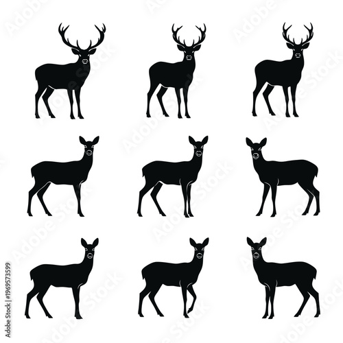 Deer silhouettes in various poses standing.
