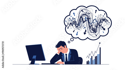 Stressed businessman sitting at a computer desk with a chaotic thought bubble of messy lines and arrows representing mental overload.