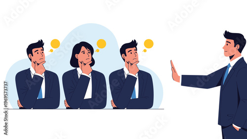 Professional businessman holding up his hand to stop three thinking colleagues representing decision making and taking the lead.