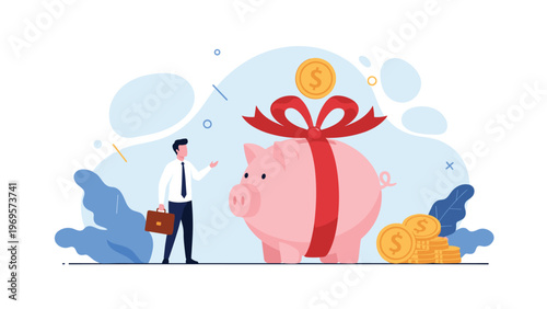 Businessman standing next to a giant pink piggy bank wrapped in a red ribbon with gold coins symbolizing a bonus or financial gift.