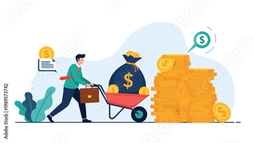 Businessman pushing a red wheelbarrow filled with a large money bag and coins towards a huge stack of gold coins for wealth accumulation.