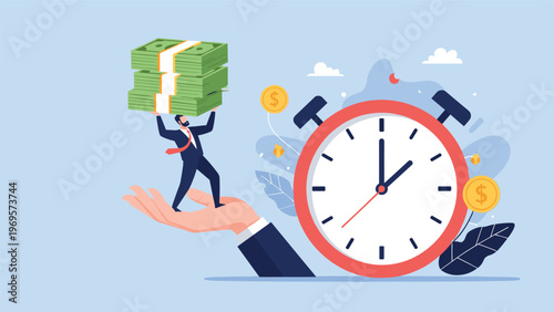 Businessman standing on a large hand holding a stack of money while being timed by a giant red stopwatch for time is money concept.