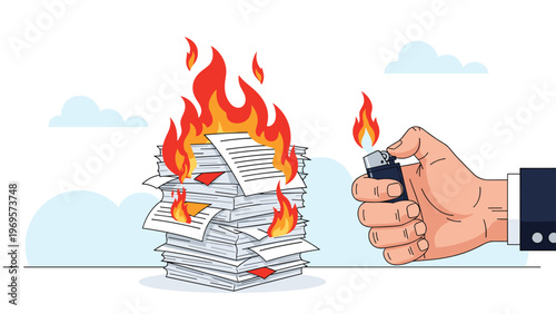 Hand holding a lighter setting fire to a large stack of paper documents representing data destruction and privacy security.