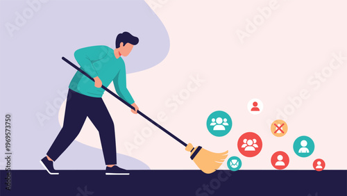Man using a broom to sweep away various colorful people icons from a dark surface representing social media cleaning and unfollowing.