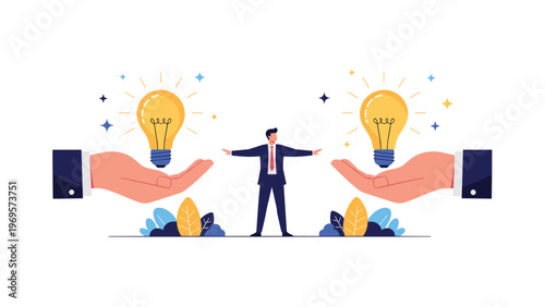 Businessman standing with arms wide open between two large hands holding glowing lightbulbs representing the selection of the best idea.