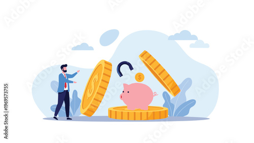 Man watching a pink piggy bank as a gold coin is pulled away by a large blue magnet representing loss of savings and hidden costs.