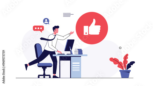 Excited businessman running from office desk towards giant red thumbs up symbol representing positive feedback and successful social media engagement.
