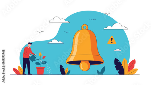 Person watering office plant next to large golden bell and warning symbol representing work alerts, routine maintenance, and notification systems used.