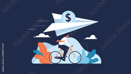 Man riding bicycle with giant paper airplane carrying dollar coin flying overhead representing rapid financial growth and travel expenses management.