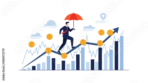 Businessman with an orange umbrella walking up a rising financial bar chart and arrow while gold coins float around for safe growth.