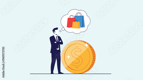 Businessman standing next to large gold coin thinking about shopping bags representing consumer behavior, purchasing power, and personal spending.