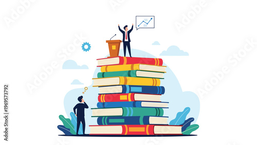 Knowledgeable man standing on top of high stack of books speaking into megaphone representing power of education, communication, and public speaking.