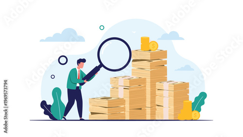 Businessman using a large magnifying glass to inspect huge stacks of bundled cash representing financial audit and investigation.