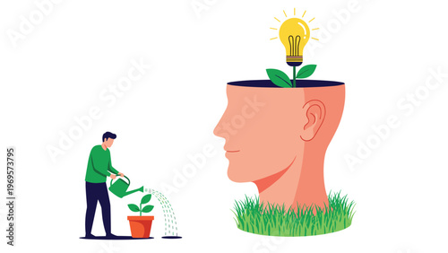 Person watering small plant while larger head shaped planter grows glowing lightbulb symbolizing nurturing of creative minds and innovative ideas.