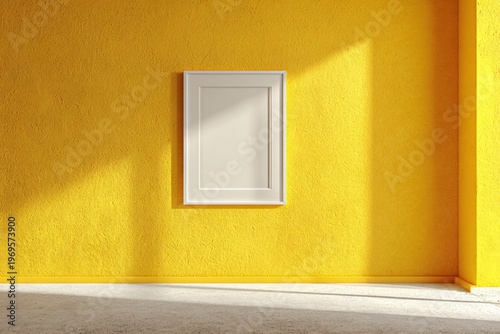 Empty white picture frame hanging on a vibrant yellow textured wall