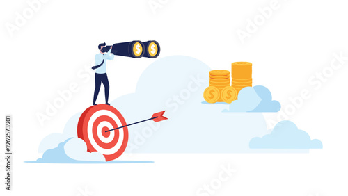 Visionary businessman standing on a target using binoculars to look at distant gold coins representing long-term financial goals.