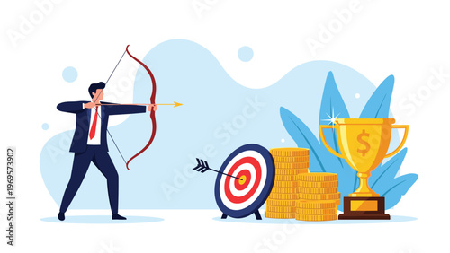 Ambitious businessman aiming a bow at a target next to stacks of coins and a gold trophy representing career success.