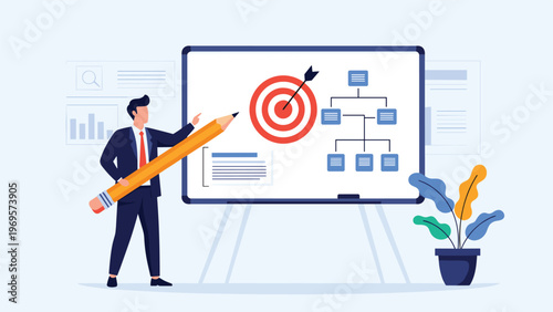 Business leader using a giant pencil to point at a whiteboard with a target and organizational chart for strategic planning.
