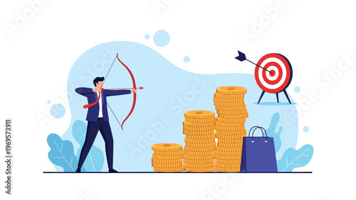 Focused businessman aiming a bow and arrow at a target next to large stacks of gold coins for hitting financial targets.