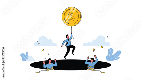 Man floating with a large gold coin balloon while others are trapped in a dark hole representing wealth inequality and rescue.