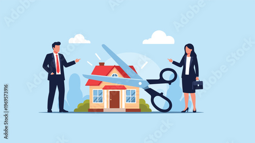 Man and woman in business suits using giant scissors to cut through a house symbolizing divorce and property division.