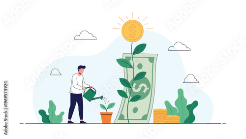 Conscientious man watering a small plant that grows into a large dollar banknote and coin signifying wealth development.
