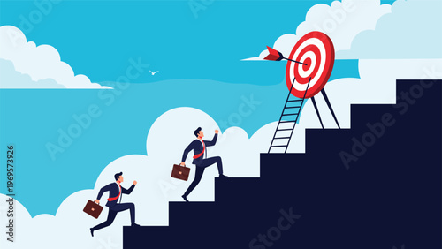 Two ambitious businessmen running up a giant staircase toward a distant target representing the race for career success.