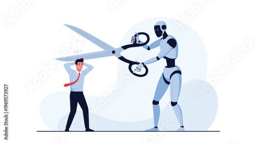 Futuristic robot using giant scissors to cut near a worried man head depicting automation risks and job loss to technology.