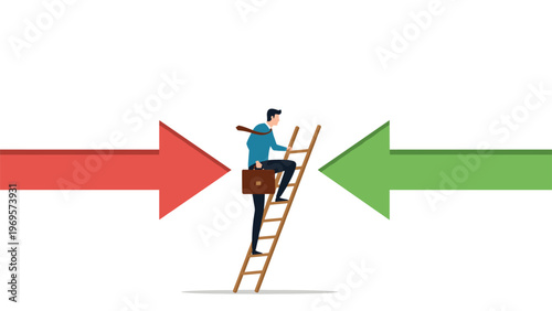 Man balancing a ladder between a red and green arrow to represent navigating through career choices and market trends.