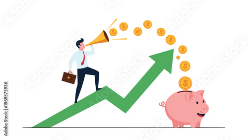 Professional man standing on an upward arrow using a megaphone to direct gold coins into a large piggy bank for savings.