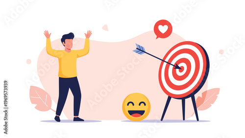 Joyful man celebrating with his hands up because an arrow hit the bullseye of a target representing successful goal achievement.