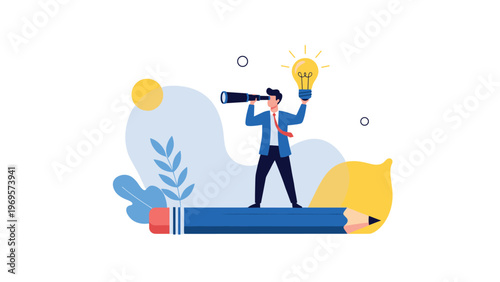 Creative man standing on a large pencil using a telescope and holding a glowing lightbulb to visualize new business ideas.