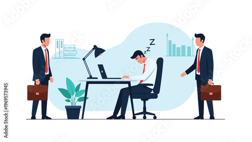 Exhausted office employee sleeping at his desk while two colleagues look on illustrating burnout and workplace fatigue.