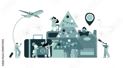 Christmas travel. Holiday airfare. People with suitcases and gadgets are planning their Christmas vacations.eps