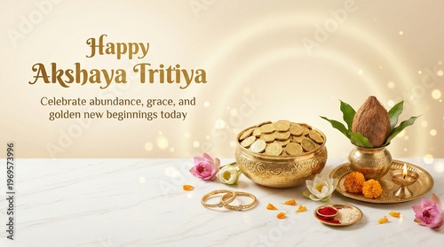 Akshaya Tritiya  Indian Festival Greeting Banner with Lotus and Diya