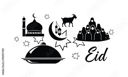Eid al adha greeting vector illustration with goat mosque crescent moon food cloche and text design.