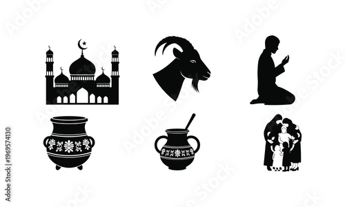 Eid al adha mubarak celebration vector illustration, islamic festival holiday line art.