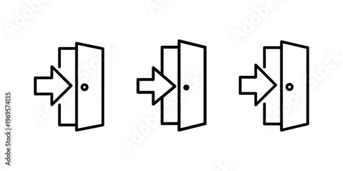 Three black and white line art icons depicting an arrow pointing into an open door with a circular handle, symbolizing entry or login