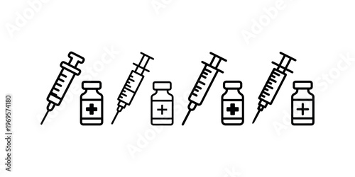 Multiple black and white line art icons showing syringes and medical vials with a plus sign, representing vaccination or treatment