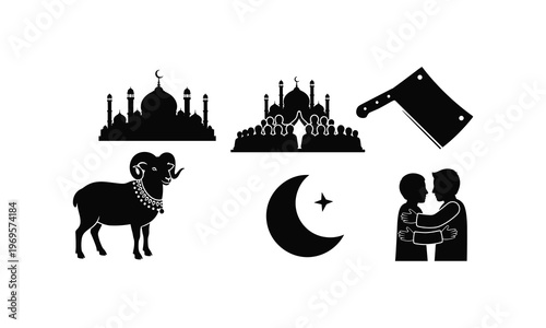 Eid al adha sacrifice vector illustration with ram mosque cleaver crescent moon and hugging brothers.
